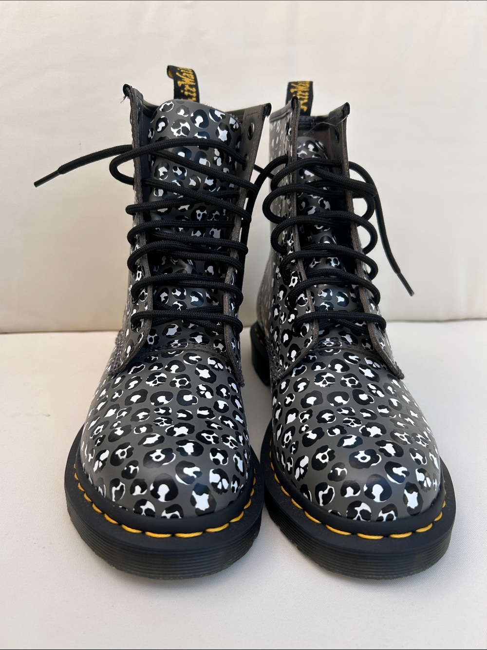 Dr. Martens Black & White Leopard Print Lace-Up Combat Boots